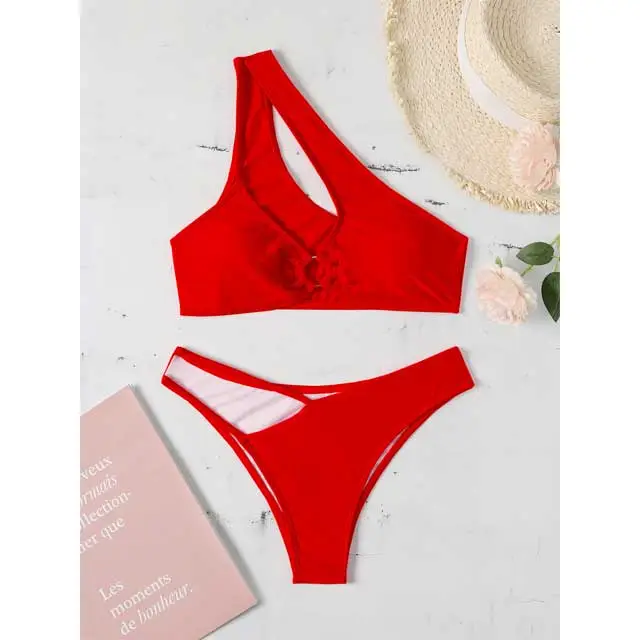 Single Shoulder Hollow Out Bikini Swimsuit