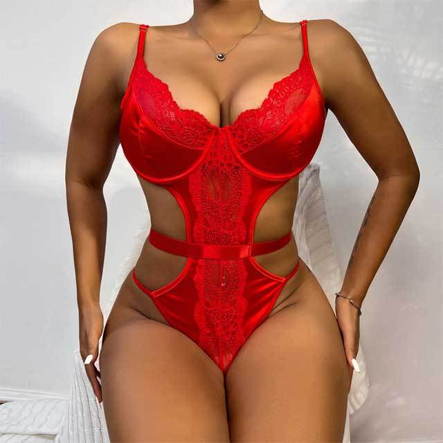 Hollow Out Lace Satin Teddy
