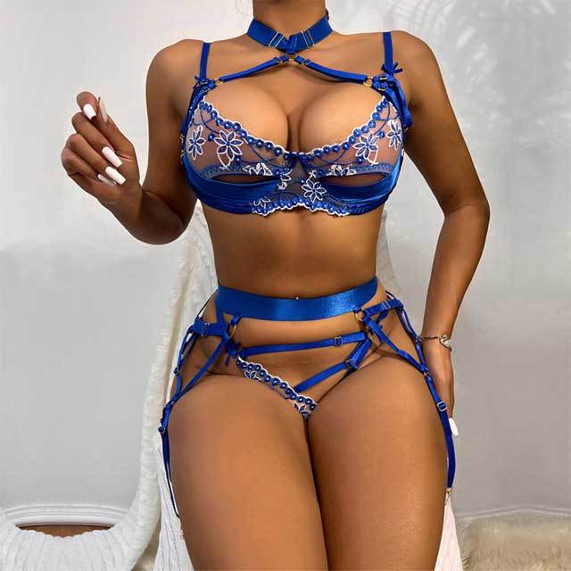 Hollow Out Satin Bra Set(3 piece set)