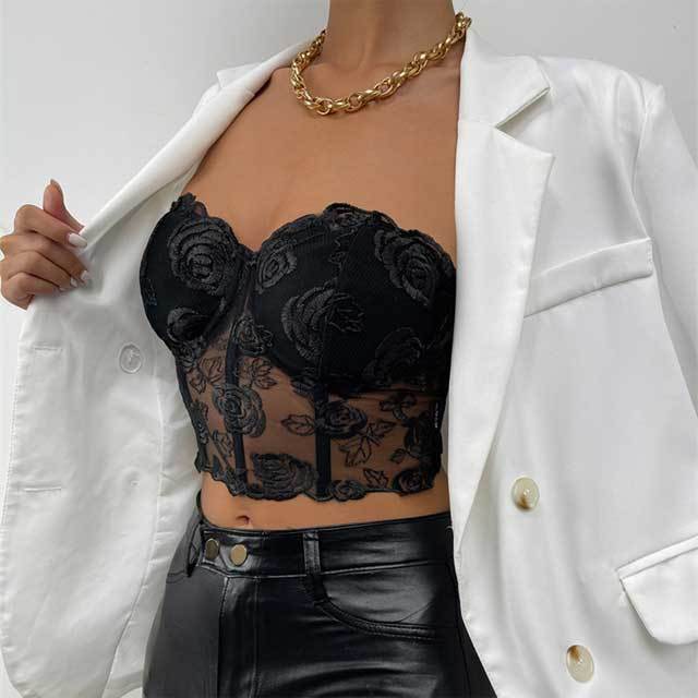Floral Embroidery Mesh Crop Top