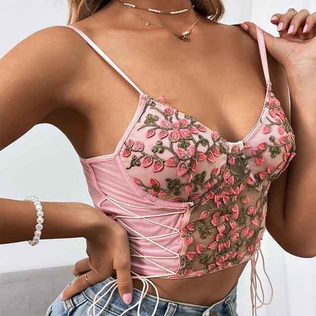 Floral Embroidery Lace-Up Cami Top
