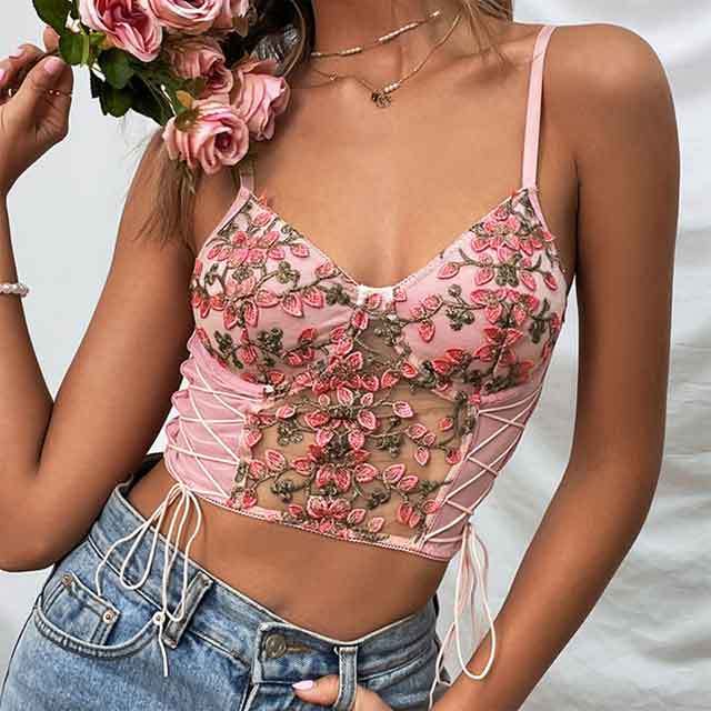Floral Embroidery Lace-Up Cami Top