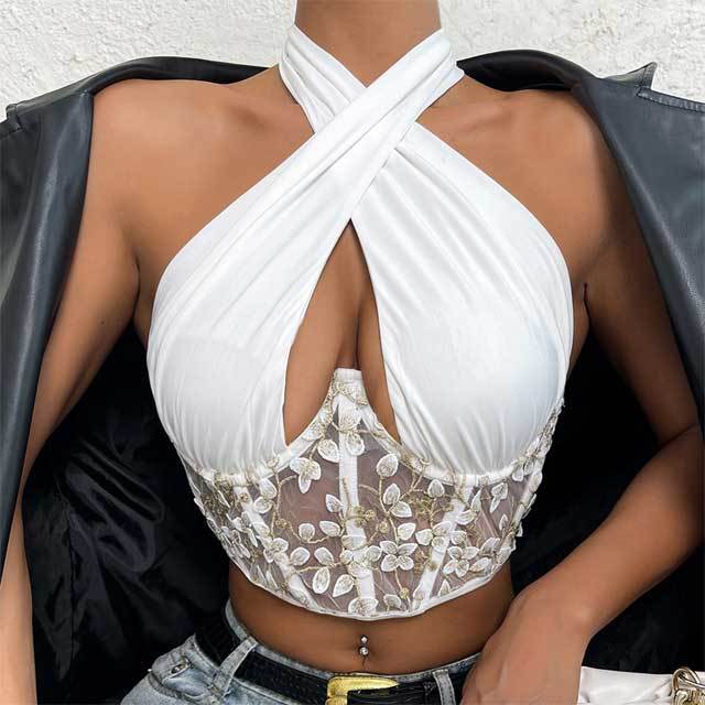 Floral Embroidery Halter Top