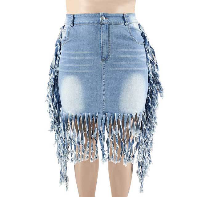 Plus Size Fringe Deim Skirt