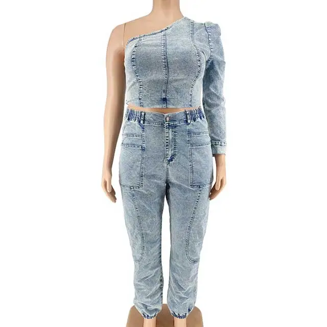 Plus Size Single Sleeve Top Denim Pants Set