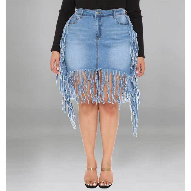 Plus Size Fringe Deim Skirt