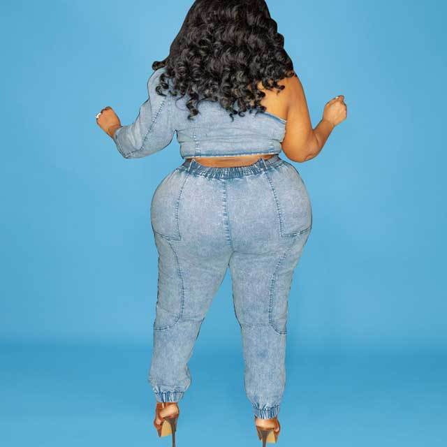 Plus Size Single Sleeve Top Denim Pants Set