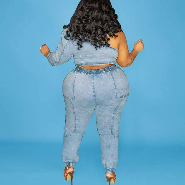 Plus Size Single Sleeve Top Denim Pants Set