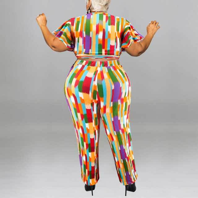 Plus Size Colorful Striped Pants Set