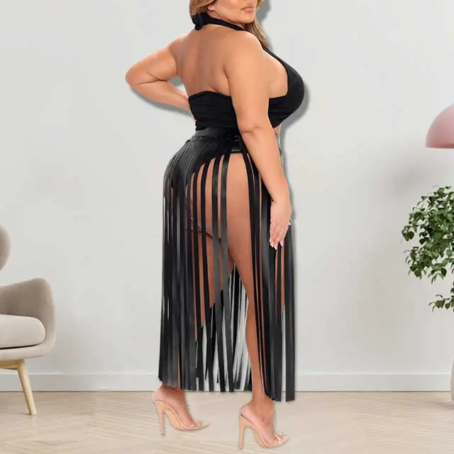 Plus Size Leather Fringe Beach Skirt Set