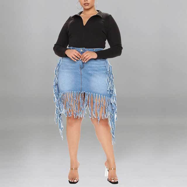 Plus Size Fringe Deim Skirt