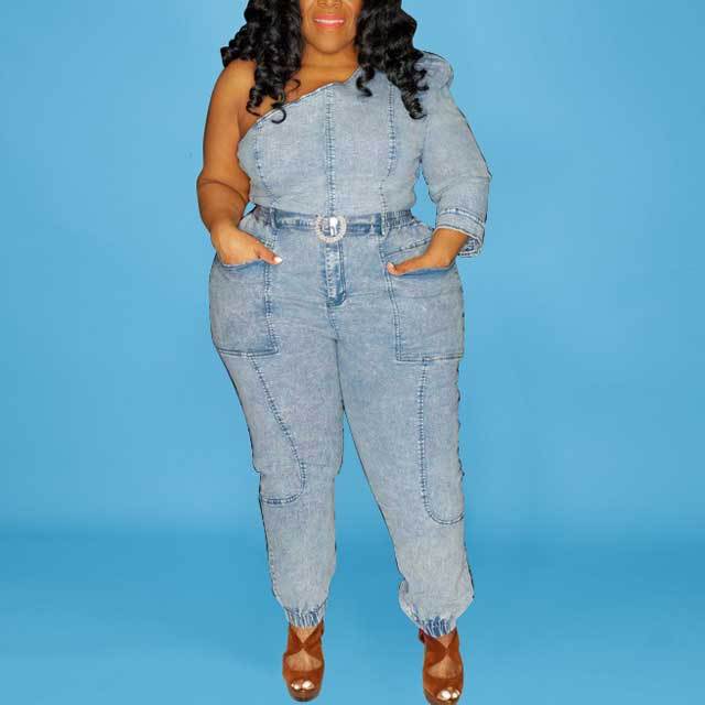 Plus Size Single Sleeve Top Denim Pants Set