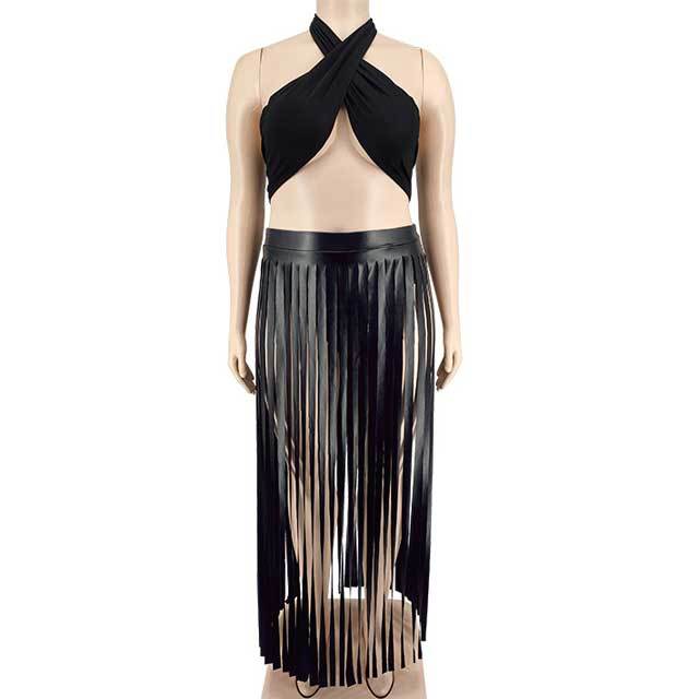 Plus Size Leather Fringe Beach Skirt Set