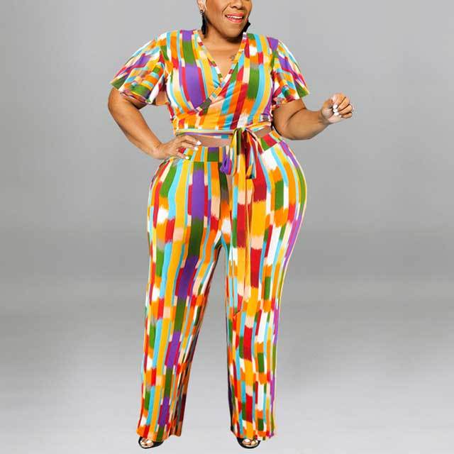 Plus Size Colorful Striped Pants Set