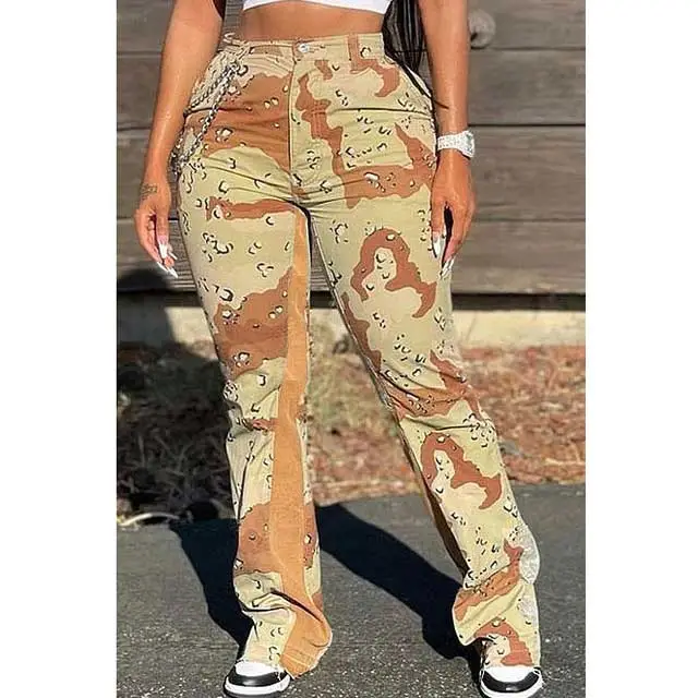 High Waist Camo Print Bell Pant