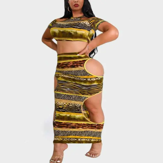 Plus Size Leopard Print Hollow Out Skirt Set