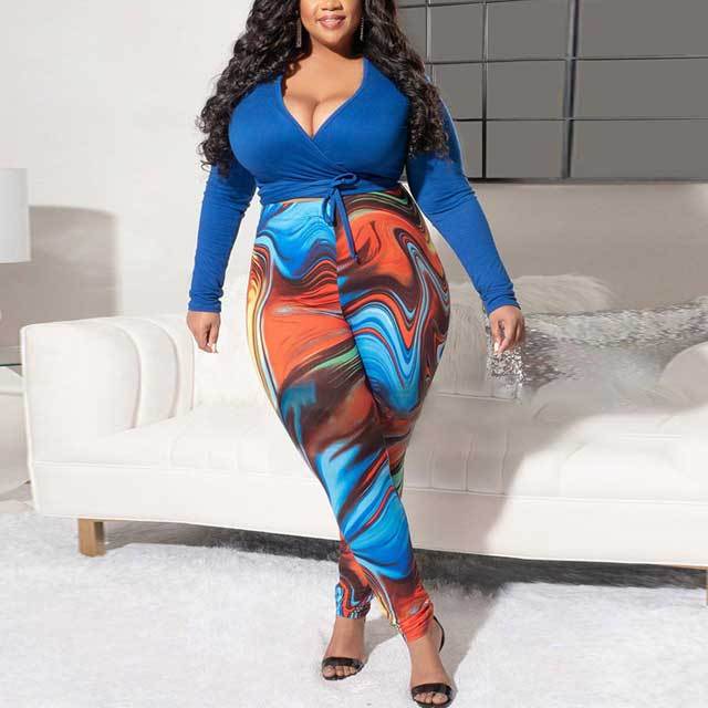 Plus Size Tied Top Printed Pants Set