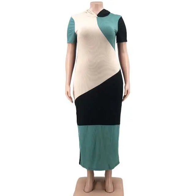 Plus Size Color Block Hooded Maxi Dress