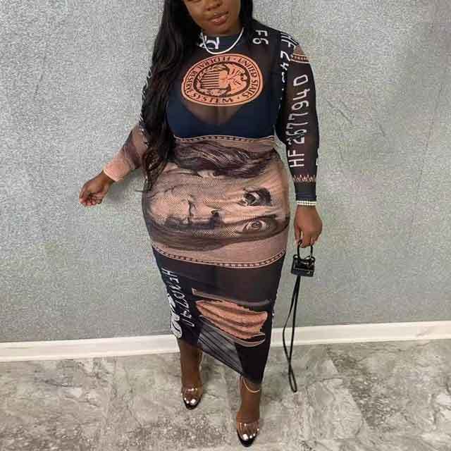 Plus Size Dollar Print Mesh Dress