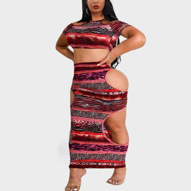 Plus Size Leopard Print Hollow Out Skirt Set