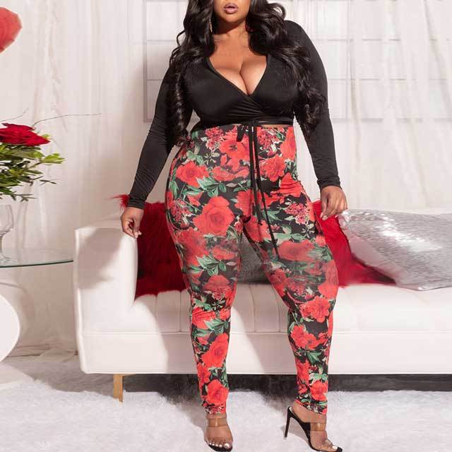 Plus Size Tied Top Printed Pants Set