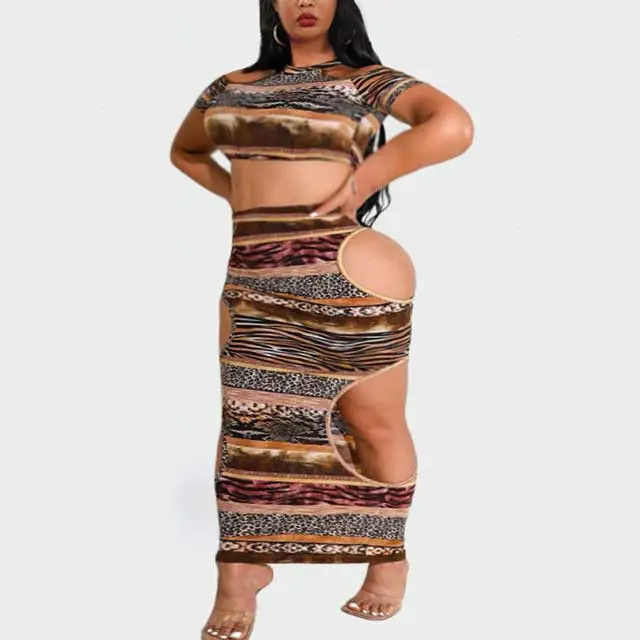 Plus Size Leopard Print Hollow Out Skirt Set