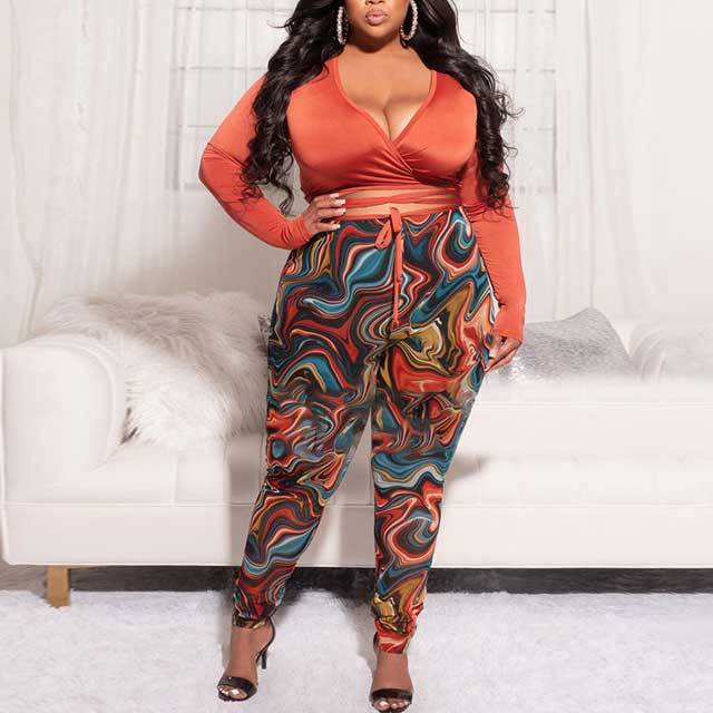 Plus Size Tied Top Printed Pants Set