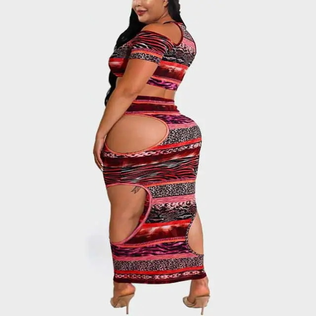 Plus Size Leopard Print Hollow Out Skirt Set