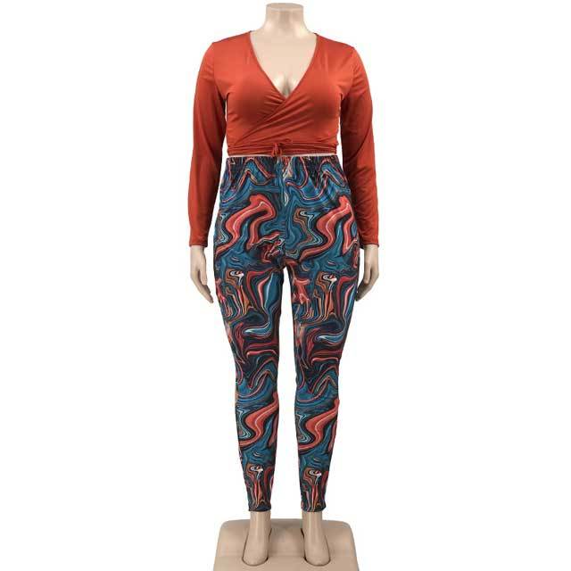 Plus Size Tied Top Printed Pants Set