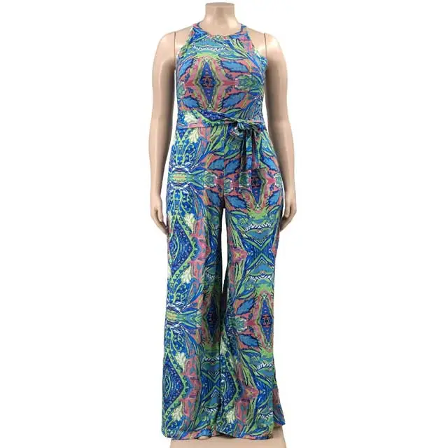 Plus Size Belted Printed Jumpsuit