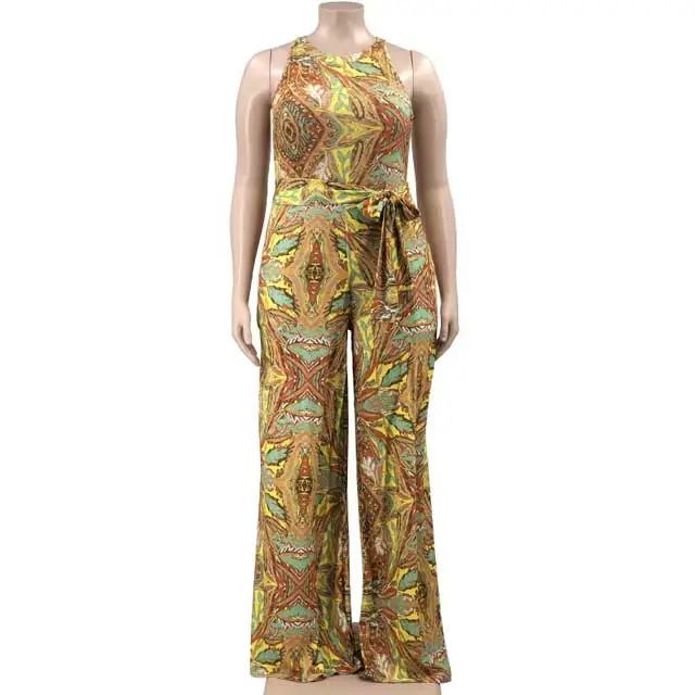 Plus Size Belted Printed Jumpsuit