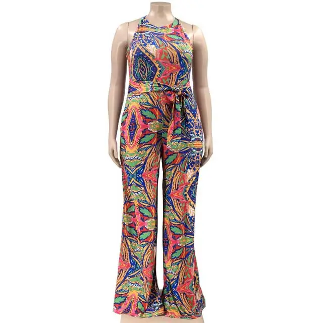 Plus Size Belted Printed Jumpsuit