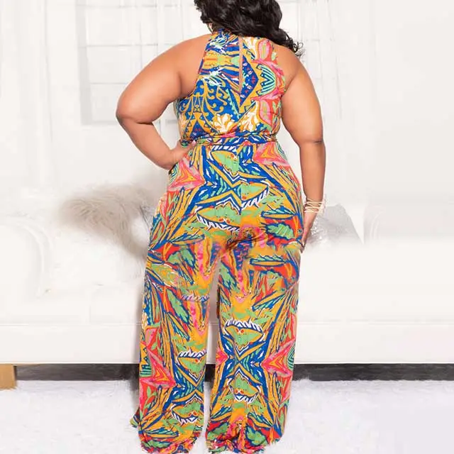 Plus Size Belted Printed Jumpsuit