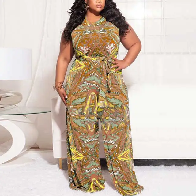 Plus Size Belted Printed Jumpsuit