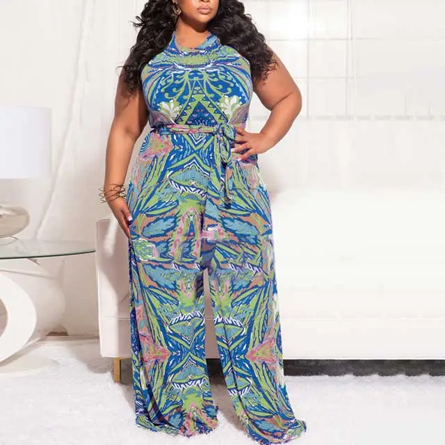 Plus Size Belted Printed Jumpsuit