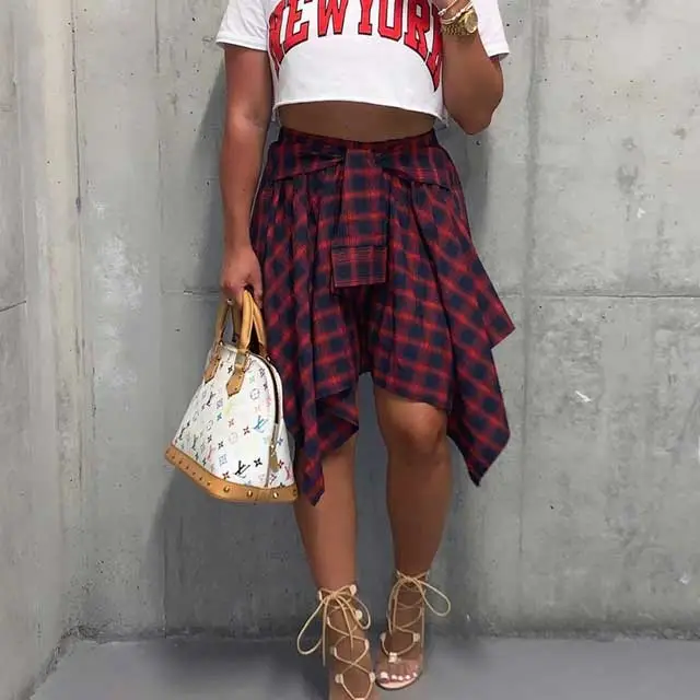 Tied Plaid Print Irregular Skirt