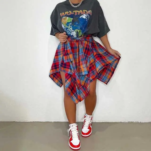 Tied Plaid Print Irregular Skirt