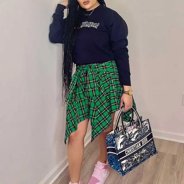 Tied Plaid Print Irregular Skirt