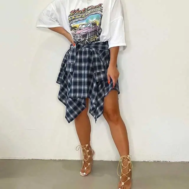 Tied Plaid Print Irregular Skirt