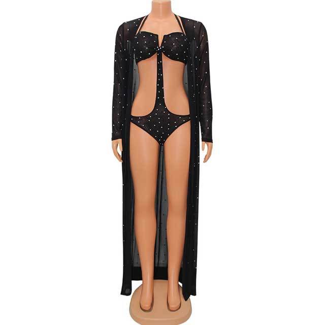 Rhinestones Mesh Bodysuit Swimsuit With Cover-Ups