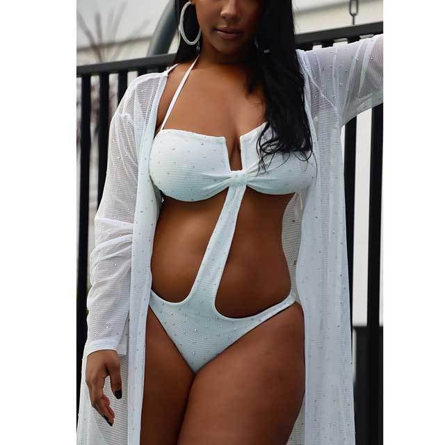 Rhinestones Mesh Bodysuit Swimsuit With Cover-Ups