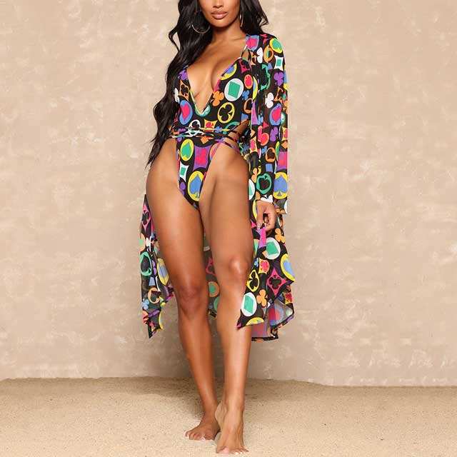 Poker Print One Piece Swimsuit With Cover-Ups