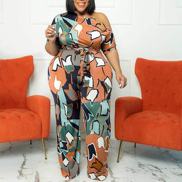 Plus Size Geometric Print Off Shoulder Jumpsuit