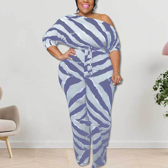 Plus Size Off Shoulder Striped Jumpsuit