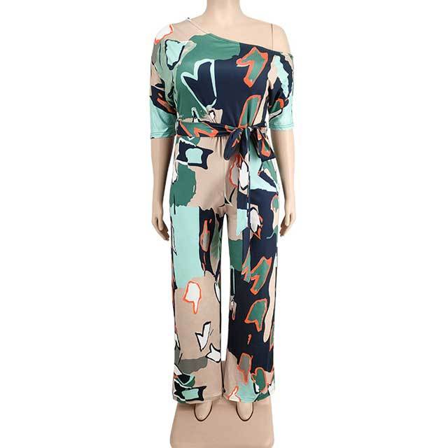 Plus Size Geometric Print Off Shoulder Jumpsuit