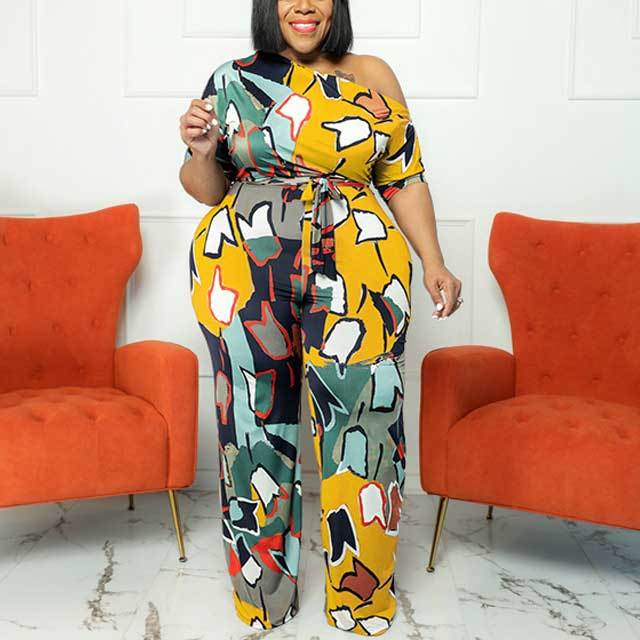 Plus Size Geometric Print Off Shoulder Jumpsuit