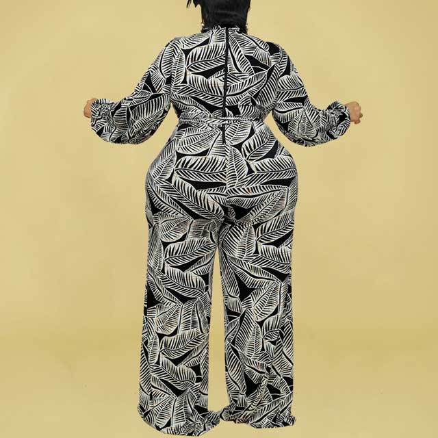 Plus Size Leaf Print Jumpsuit