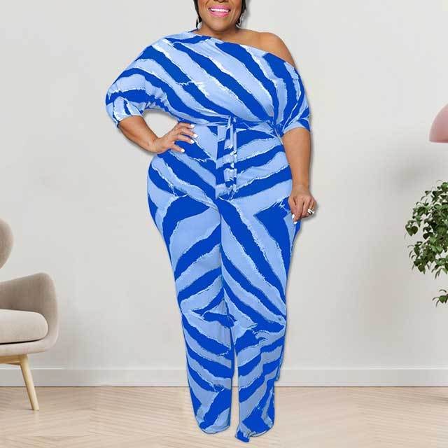 Plus Size Off Shoulder Striped Jumpsuit