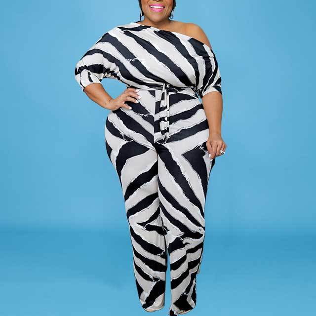 Plus Size Off Shoulder Striped Jumpsuit