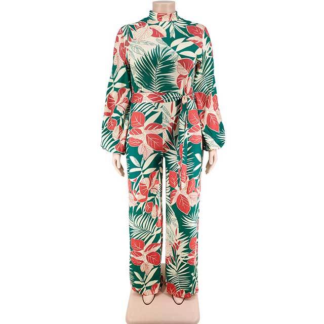 Plus Size Leaf Print Jumpsuit